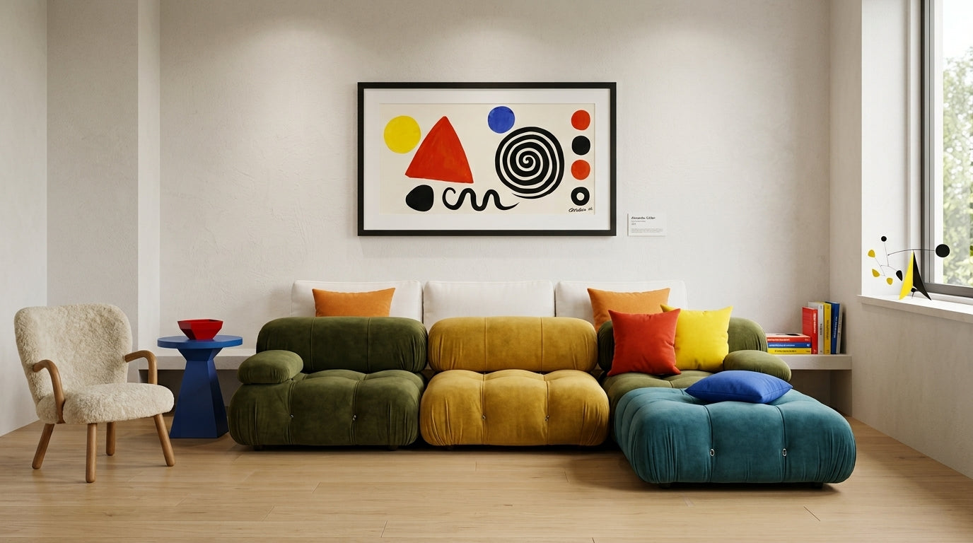 Alexander Calder abstract art displayed above a contemporary modular sofa.
