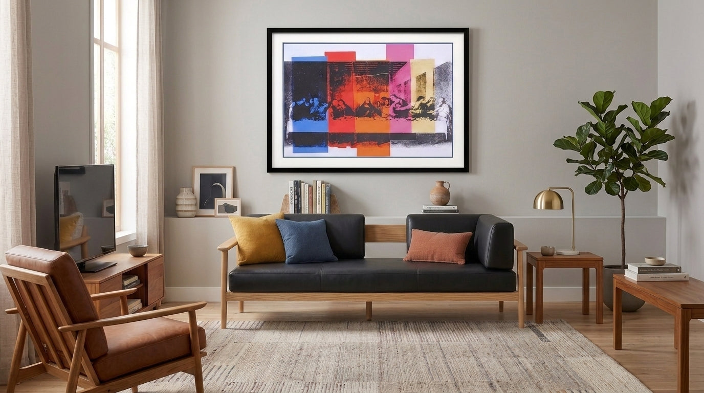 Licensed wall art displayed above a contemporary sofa in a modern living room.