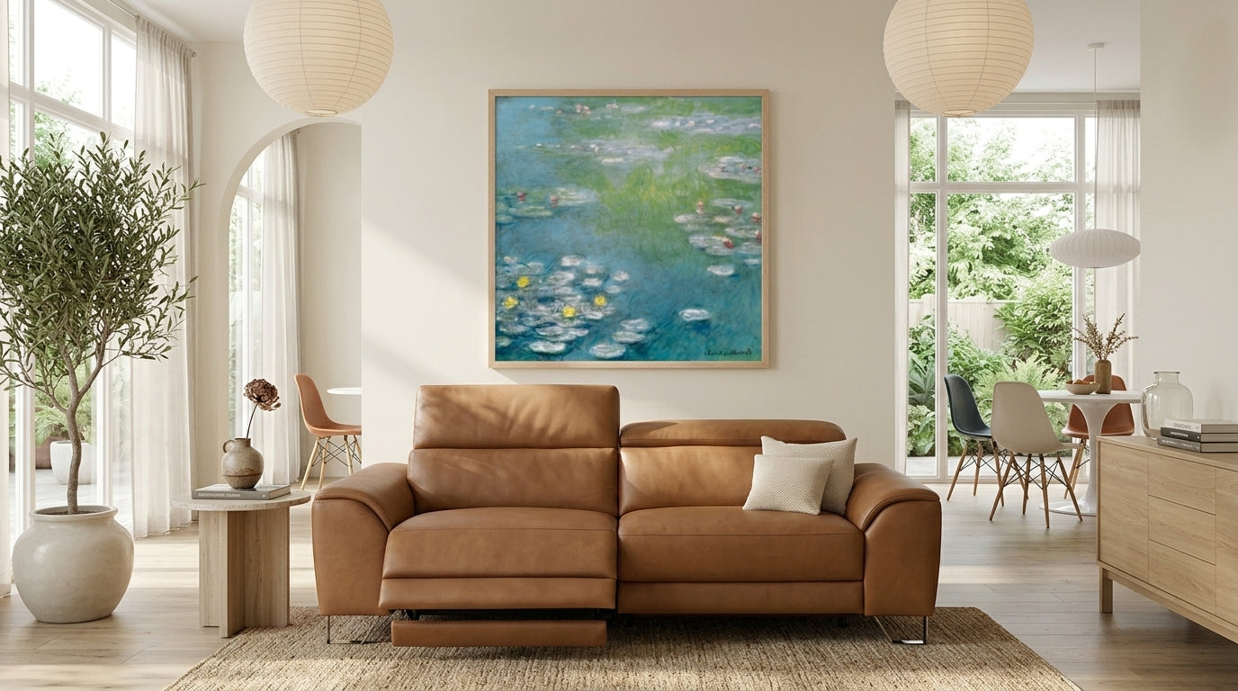Hero image alt text: Large framed wall art positioned above a contemporary living-room sofa.