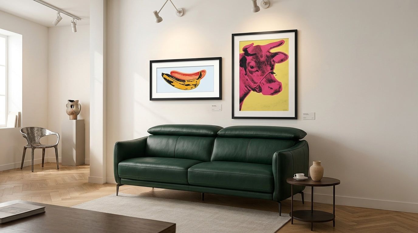 Colourful Pop Art displayed above a contemporary neutral sofa.