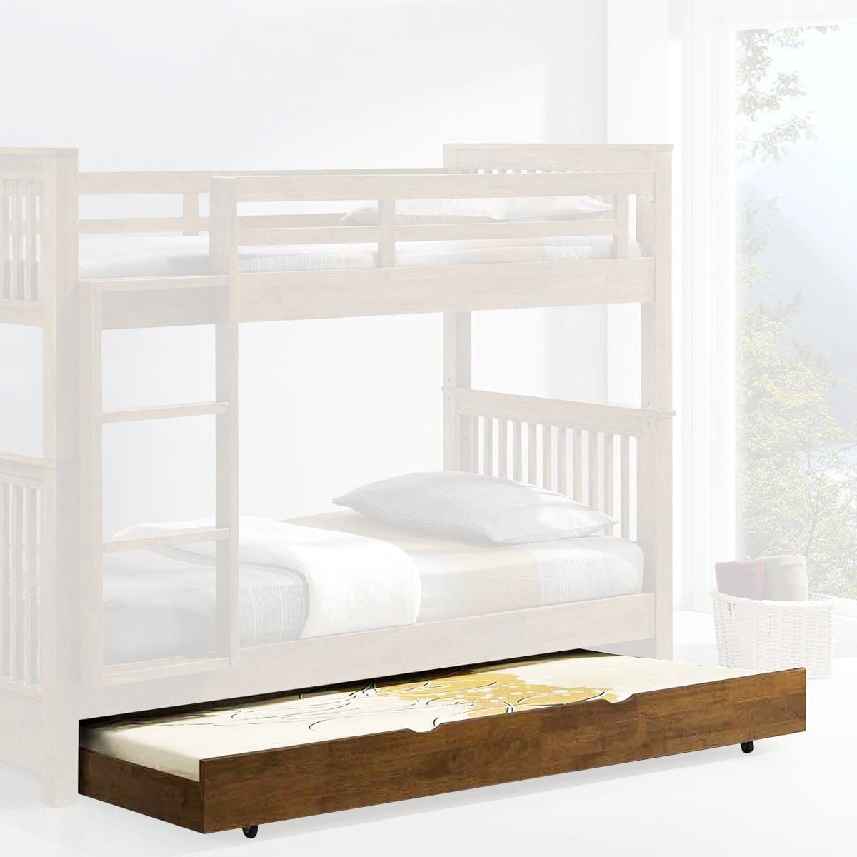 #1 Americana Solid Wood Pull Out Bed with Castor Wheels picket and rail