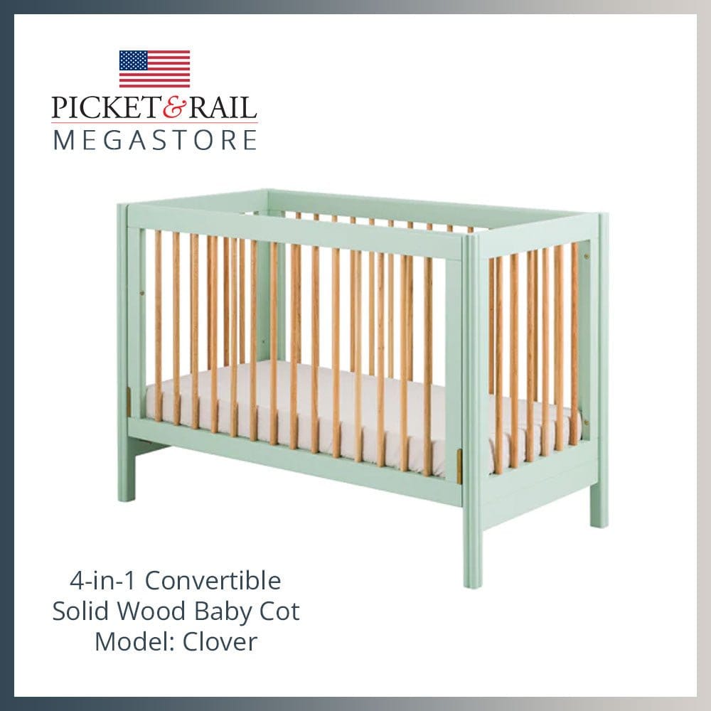 #1 Picket&amp;Rail Clover Solid Hardwood 2-in-1 Convertible Baby Cot | Single Handed Drop Gate (120x60cm) Col: Mint picket and rail