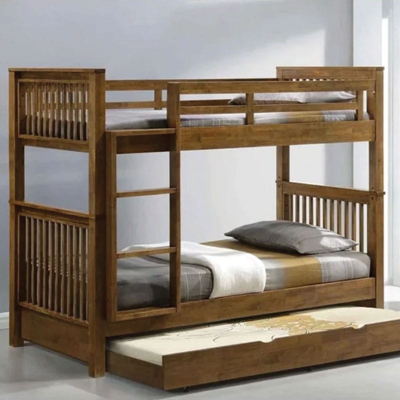 Americana Solid Wood Convertible Double Decker Super Single Bunk Bed with Pullout Storage Trundle picket and rail