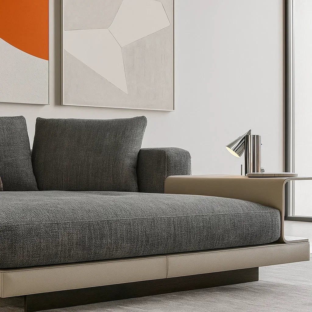 Corvan (SF12015)- Italian Minimalist Custom Sofa Bespoke in Leather & Fabric picket and rail