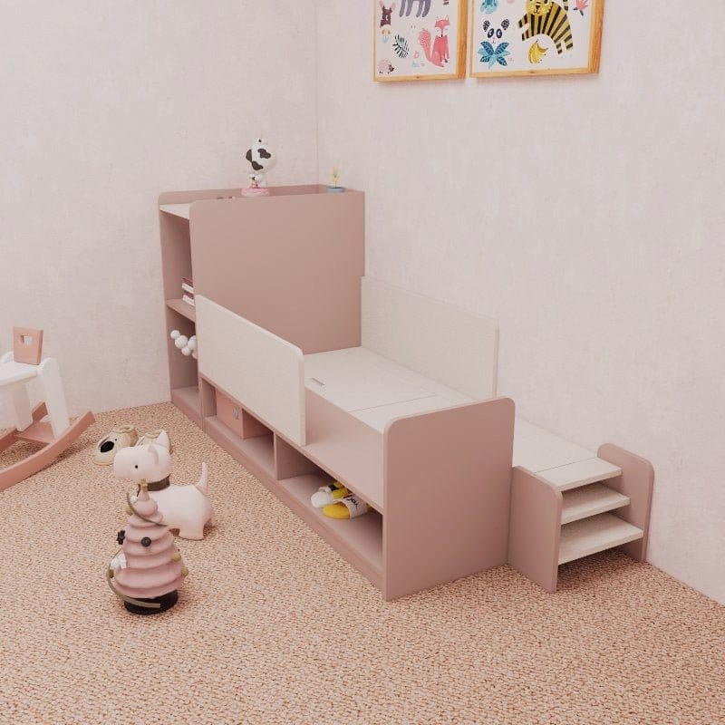 Custom Kids &amp; Toddler Tatami Storage Bed with Side Cabinet &amp; Steps picket and rail