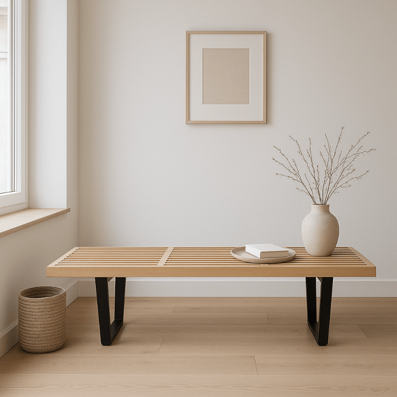 Rhyza Bench (CT3005) - Custom Scandinavian Minimalist Design Bench in Solid Oak Wood with Black Powder Coated Base - picket and rail