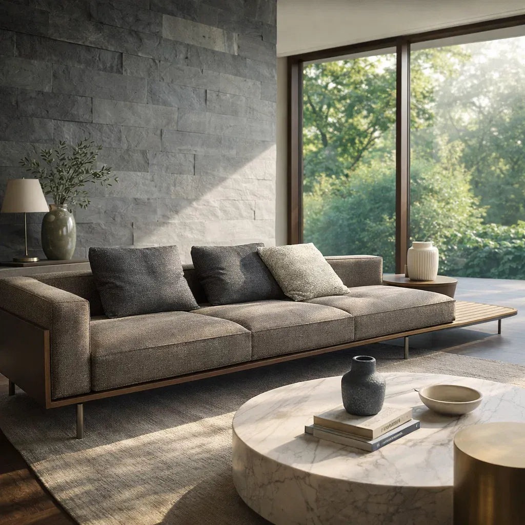 Serava (SF12011)- Italian Minimalist Custom Sofa Bespoke in Leather & Fabric picket and rail