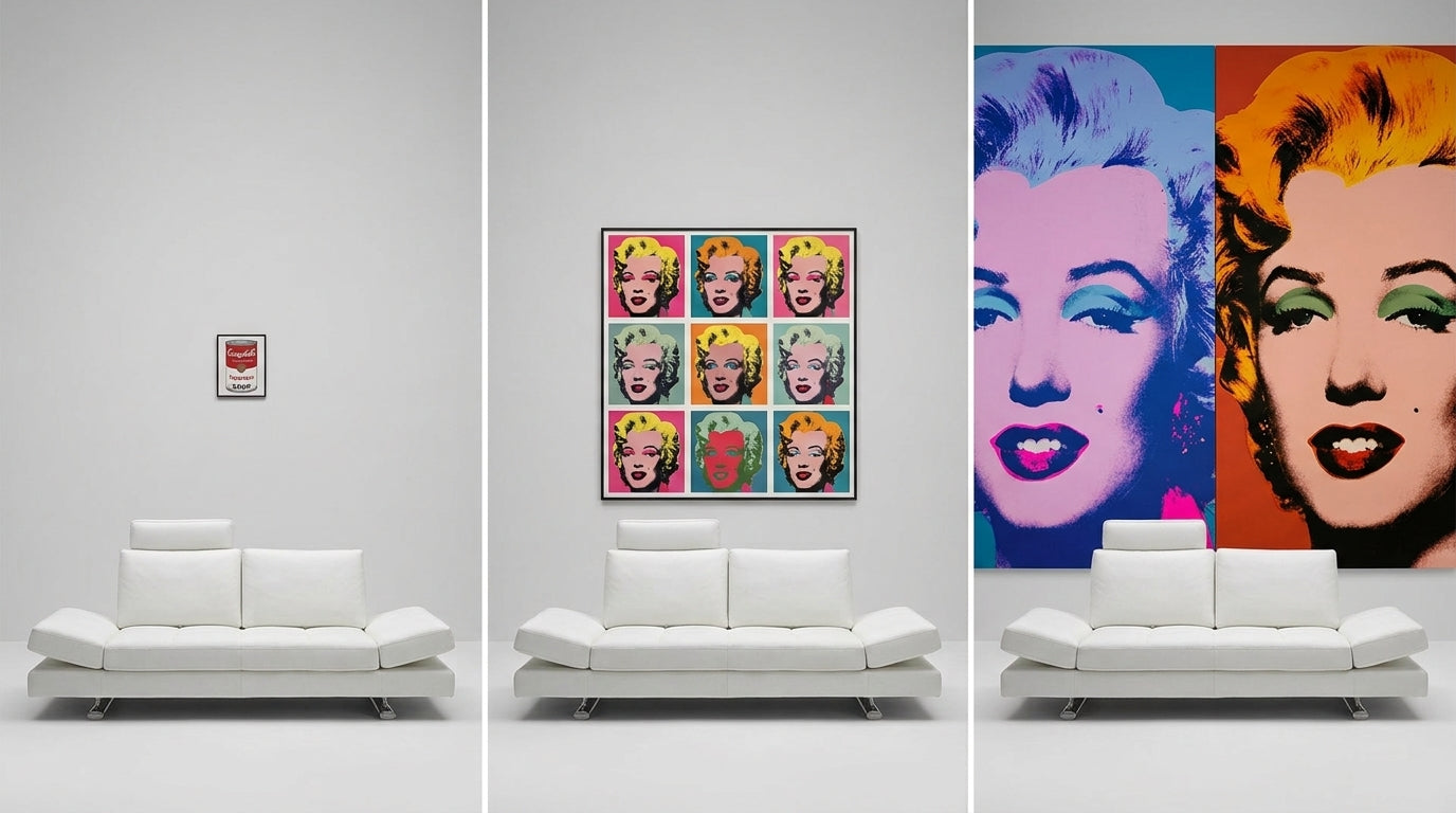 Wall art size comparison above a three-seater sofa.
