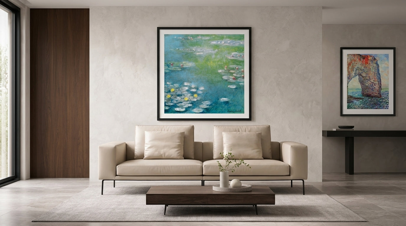 Claude Monet water-lily art styled above a contemporary neutral sofa.
