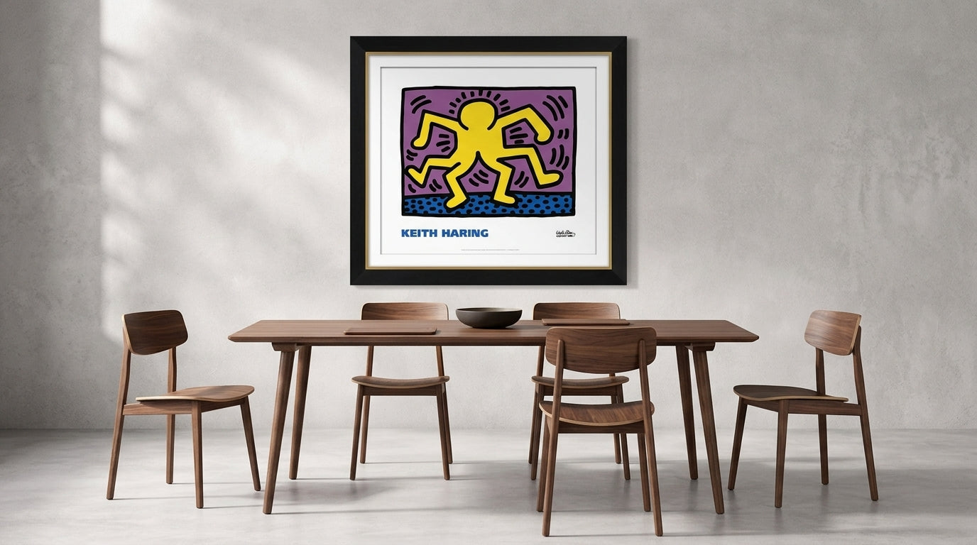 Abstract licensed artwork styled with a solid walnut dining table and chairs.