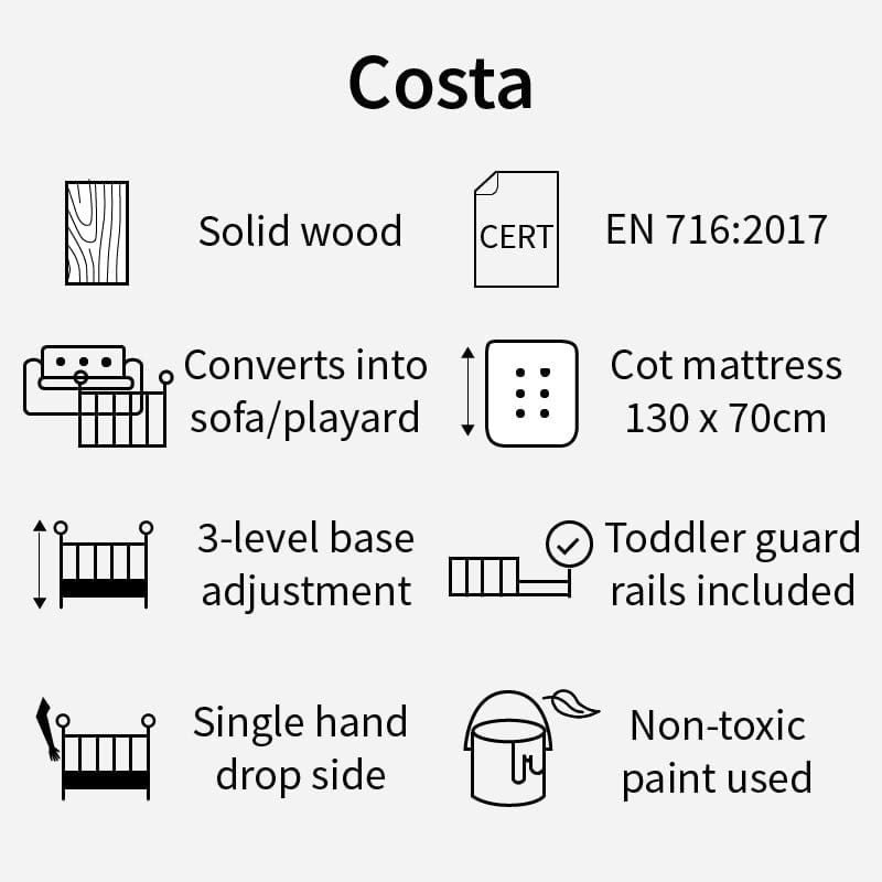 #1 Picket&amp;Rail 3-in-1 Costa Solid Hardwood Convertible Baby Cot (76x154cm) Col: White picket and rail