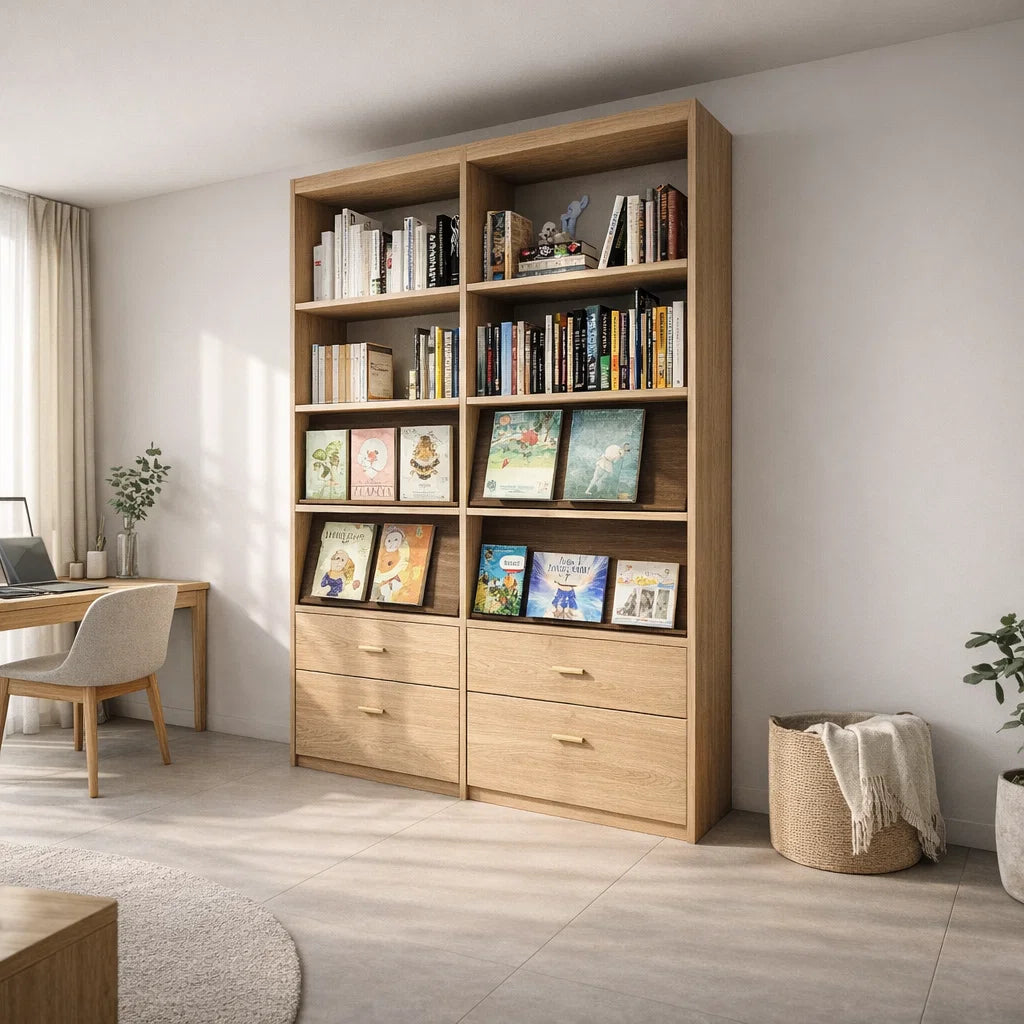 Americana (BK-16) Custom Full Height Bookshelf with Swing Doors with Drawers