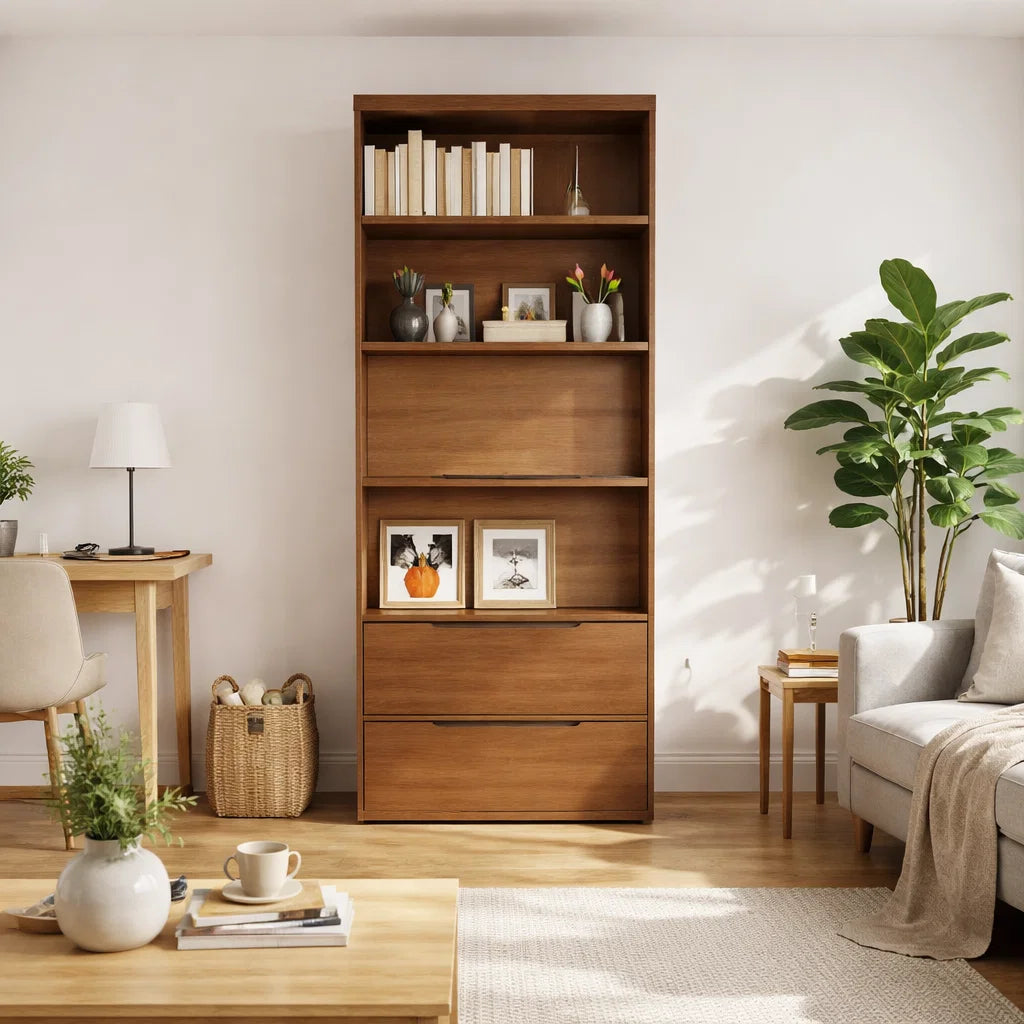Americana (BK-5) Custom Full Height Bookshelf  with Drawers and Flip-up Pocket Door