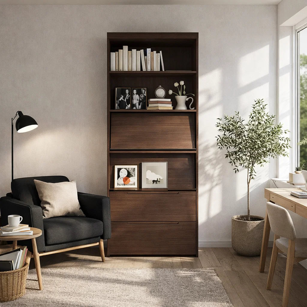 Americana (BK-5) Custom Full Height Bookshelf  with Drawers and Flip-up Pocket Door