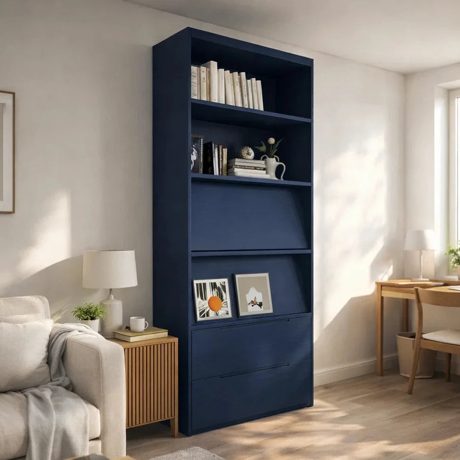 Americana (BK-5) Custom Full Height Bookshelf  with Drawers and Flip-up Pocket Door