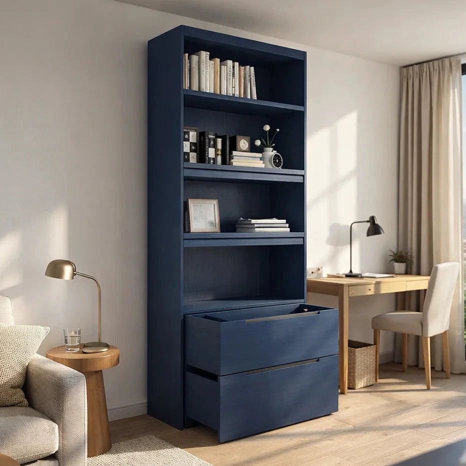 Americana (BK-5) Custom Full Height Bookshelf  with Drawers and Flip-up Pocket Door
