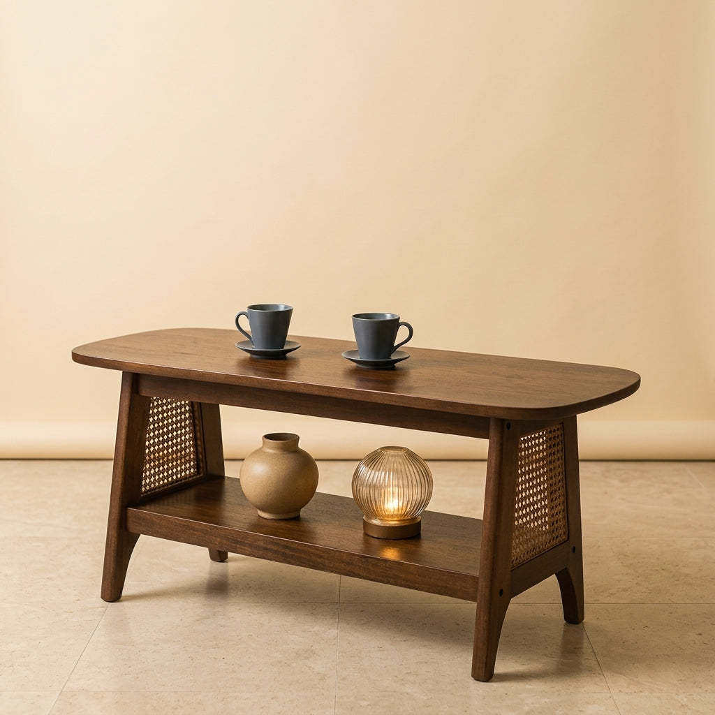 Calamus Solid Wood Coffee Table in Rattan Weave