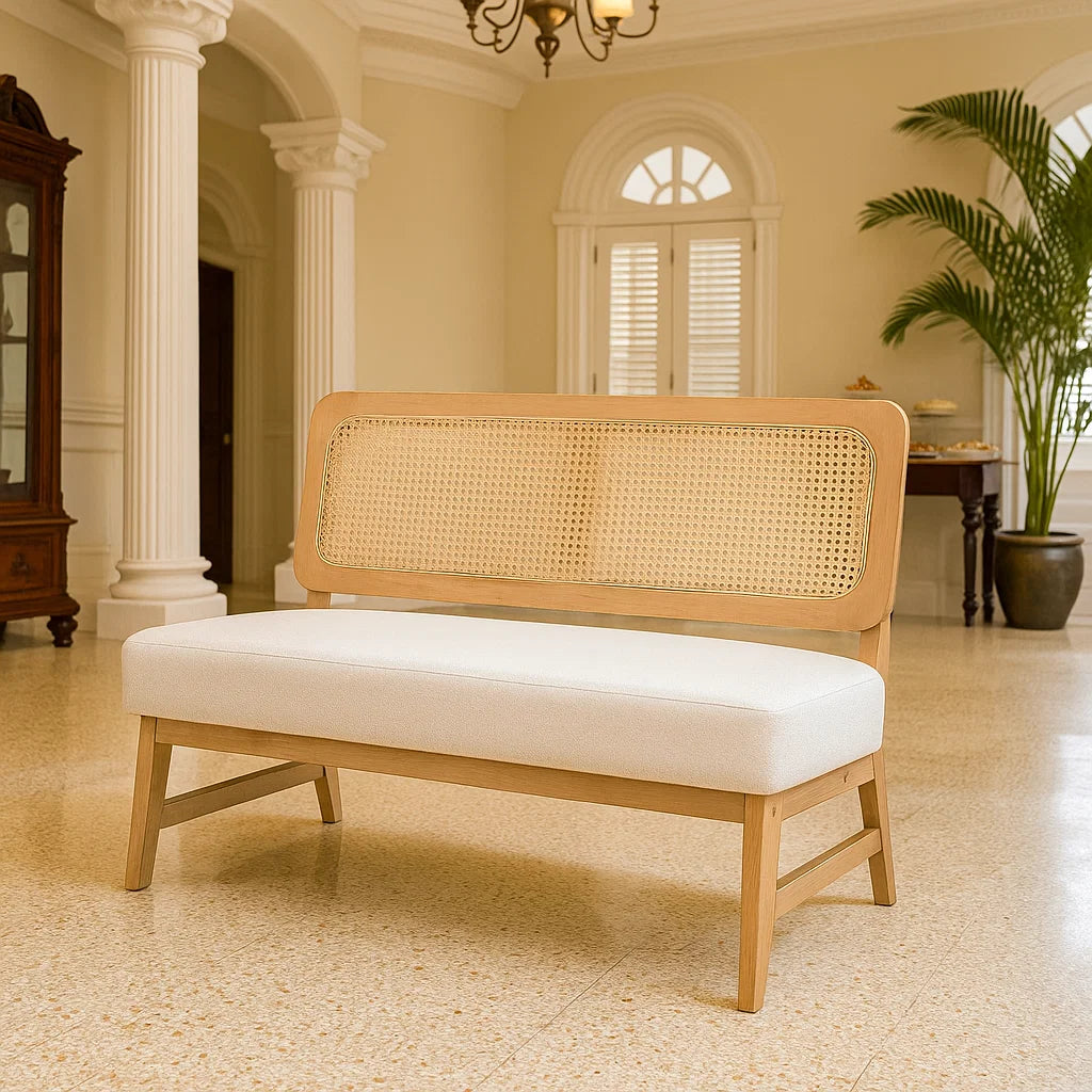Calamus Solid Wood Fabric Dining Bench in Rattan Weave
