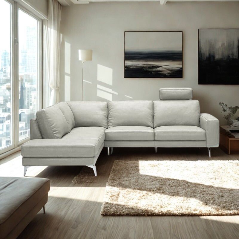 KUKA #5189B Light Grey 2.4m Top-Grain Leather L-Shaped Sectional Sofa (RAF)