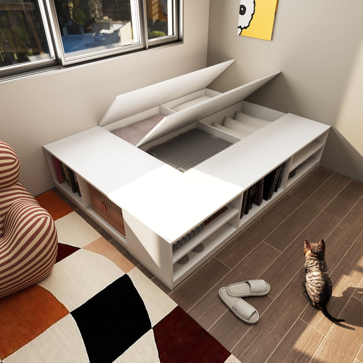 Tatami King Size Storage Bed 2-Top Swing Door 6-Open Shelves 