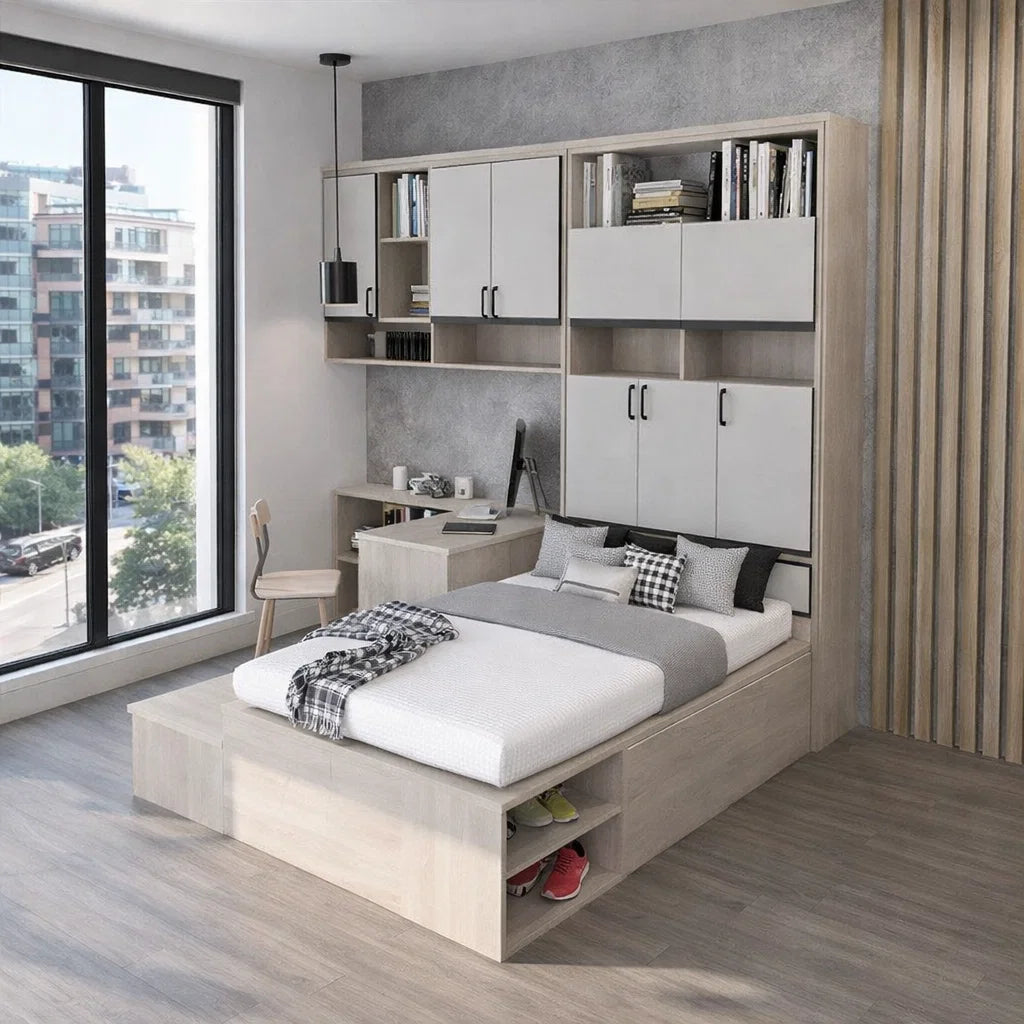 Tatami Queen Storage Bed 2-Drawer 3-Top Swing Door with Study Table & Full-Height Storage Cabinets (C13)