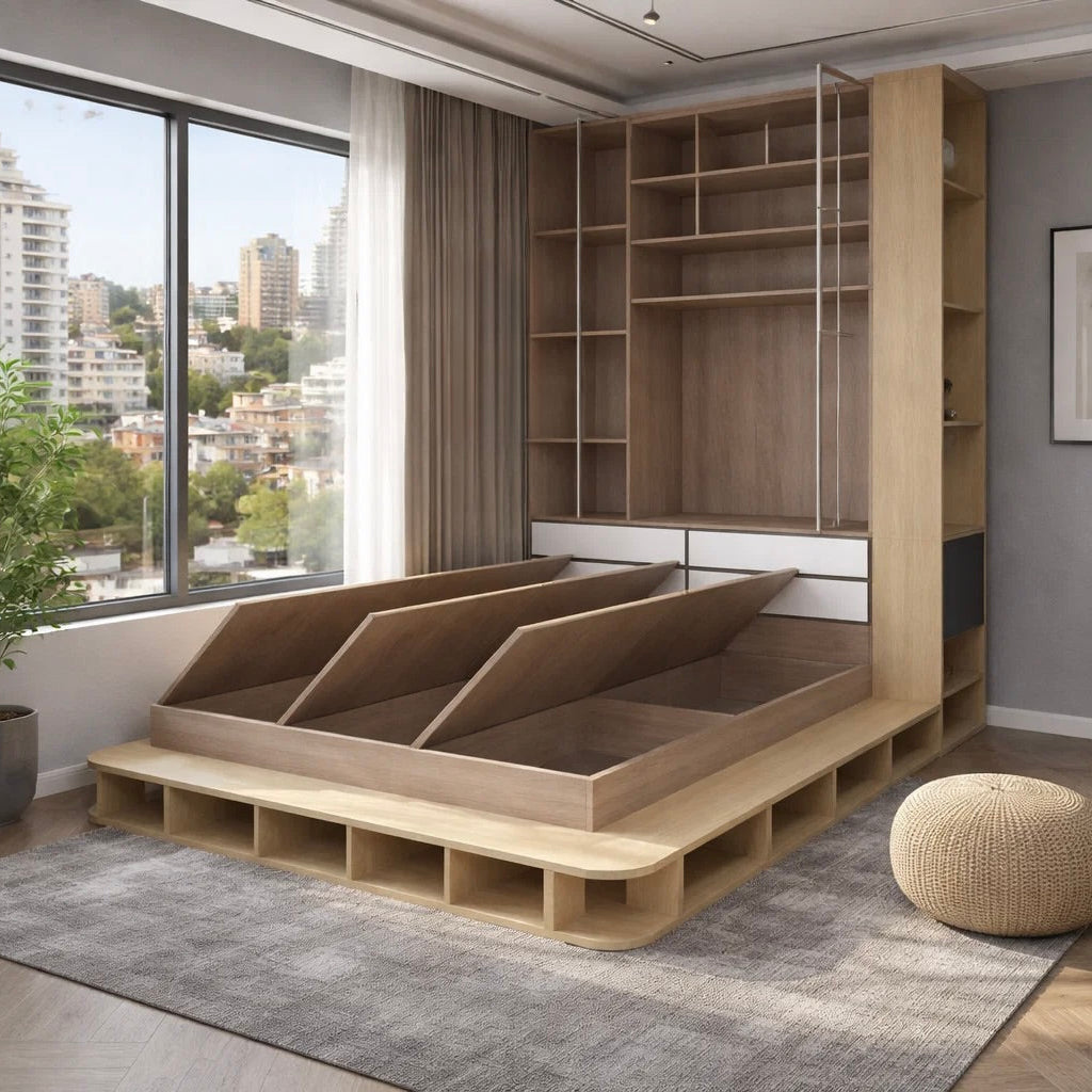 Tatami Storage® Platform Queen Size Bed 6-Top Swing Door with Multi-Storage Headboard (C12)-1