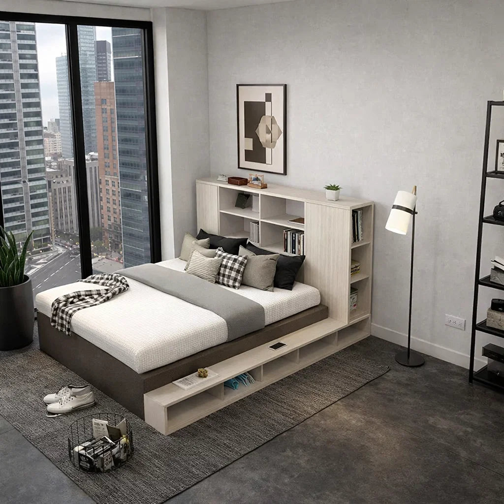 Tatami Storage® Platform Queen Size Bed 6-Top Swing Door with Multi-Storage Headboard (C28)