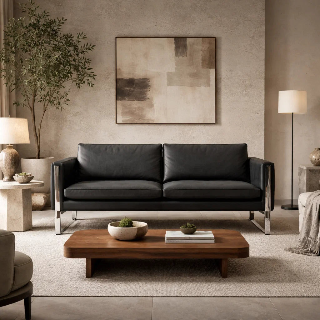 Walter CH1075 Custom Mid Century Minimalist Design 2-Seater Sofa | Italian Full Leather