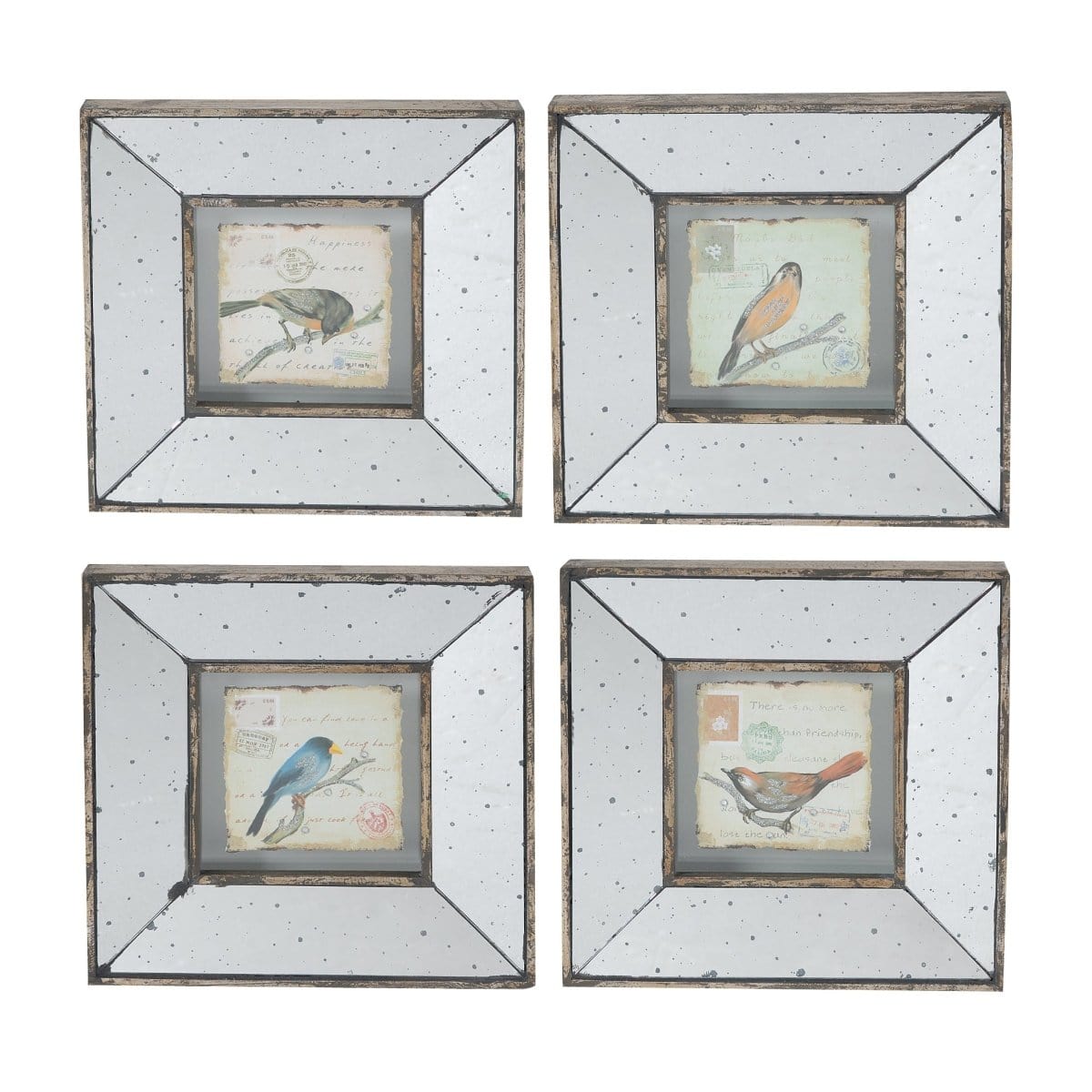 AB-32838 S/4 12x1.38x12" Simeon Square Framed Bird Prints, Medium picket and rail