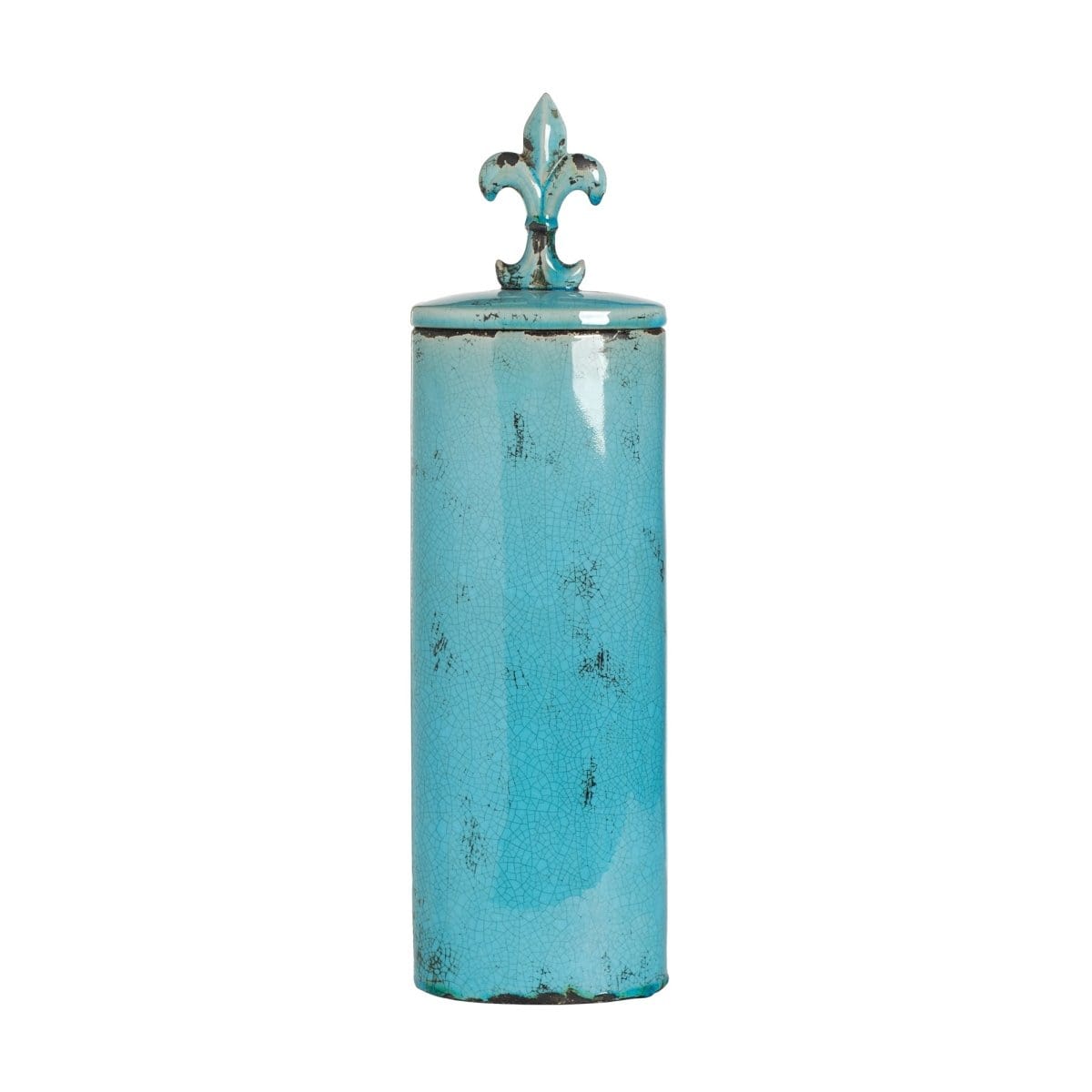 AB-66639-BLUE ora Tall Oval Jar with Fleur-de-lis Finial, Turquoise picket and rail