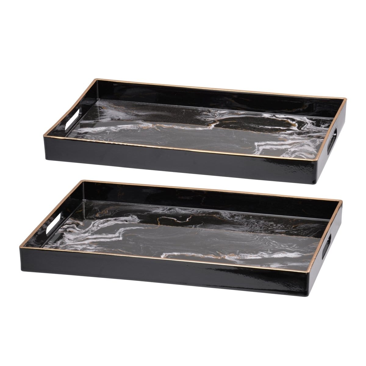 AB-DF43576 S/2 Effra Rectangular Trays,Blue Marbled - Black picket and rail