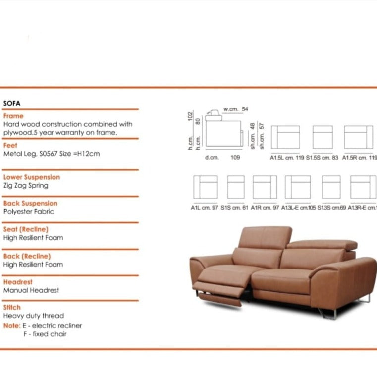Americana 3 Seater Recliner Full leather Sofa #RN0930 picket and rail