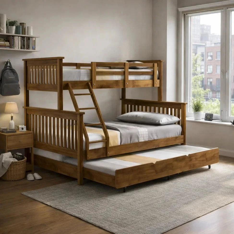 Americana Solid Wood Bunk Bed Convertible Triple Bunk Bed Double Decker (Optional: Pull Out Trundle Storage) picket and rail