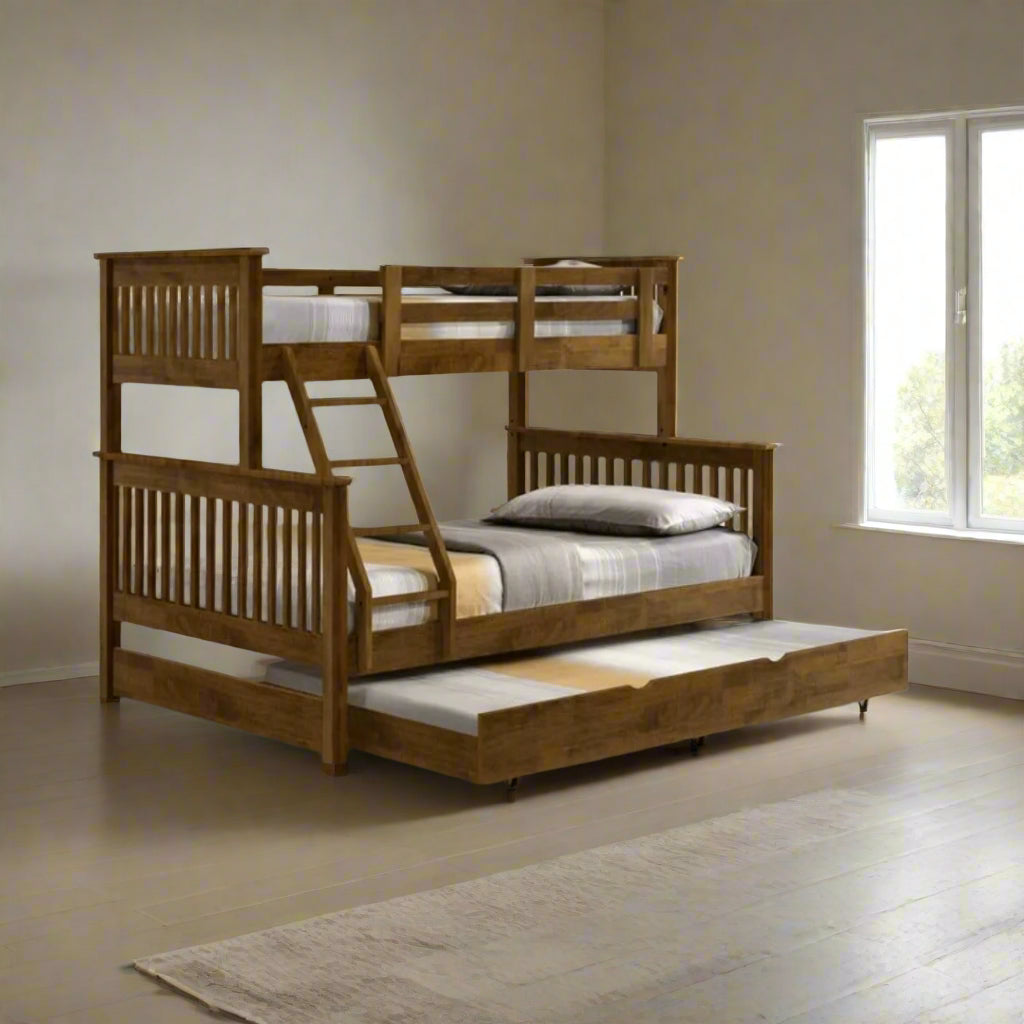 Americana Solid Wood Bunk Bed Convertible Triple Bunk Bed Double Decker With Pullout Storage Trundle picket and rail