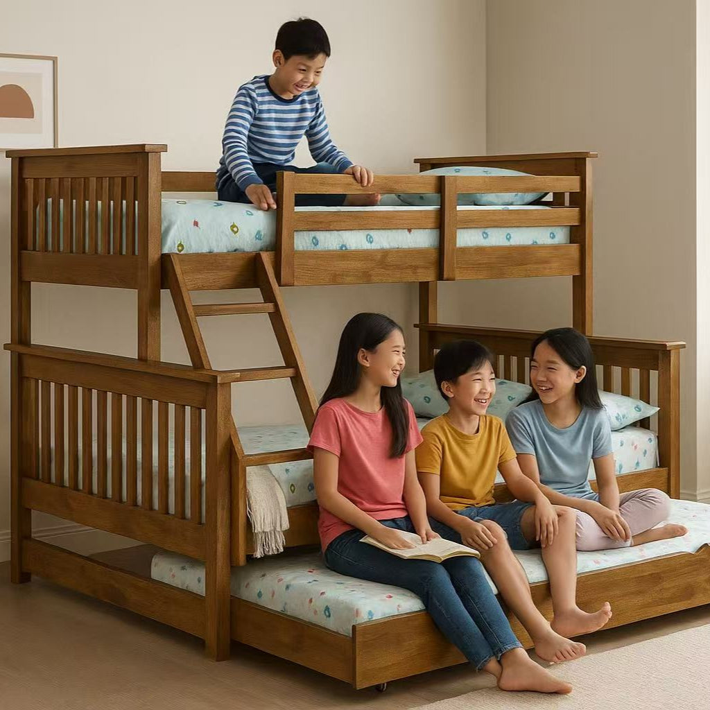 Americana Solid Wood Bunk Bed Convertible Triple Bunk Bed Double Decker With Pullout Storage Trundle picket and rail