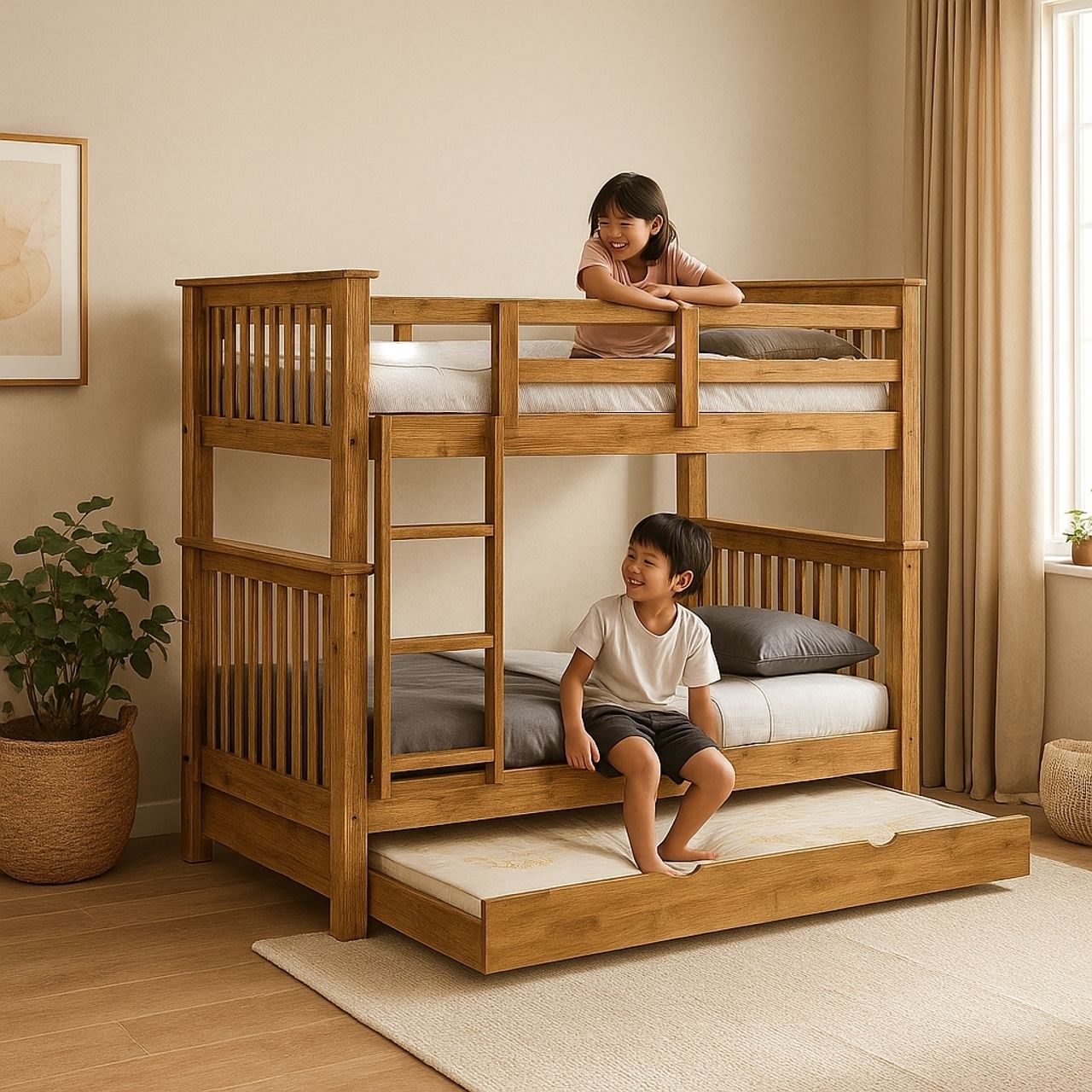 Americana Solid Wood Bunk Bed Single Size Convertible Double Decker with Pullout Storage Trundle picket and rail