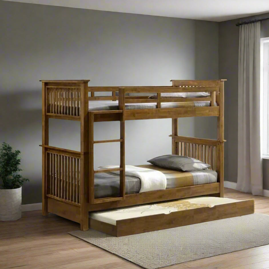 Americana Solid Wood Convertible Double Decker Single Bunk Bed with Pullout Storage Trundle picket and rail