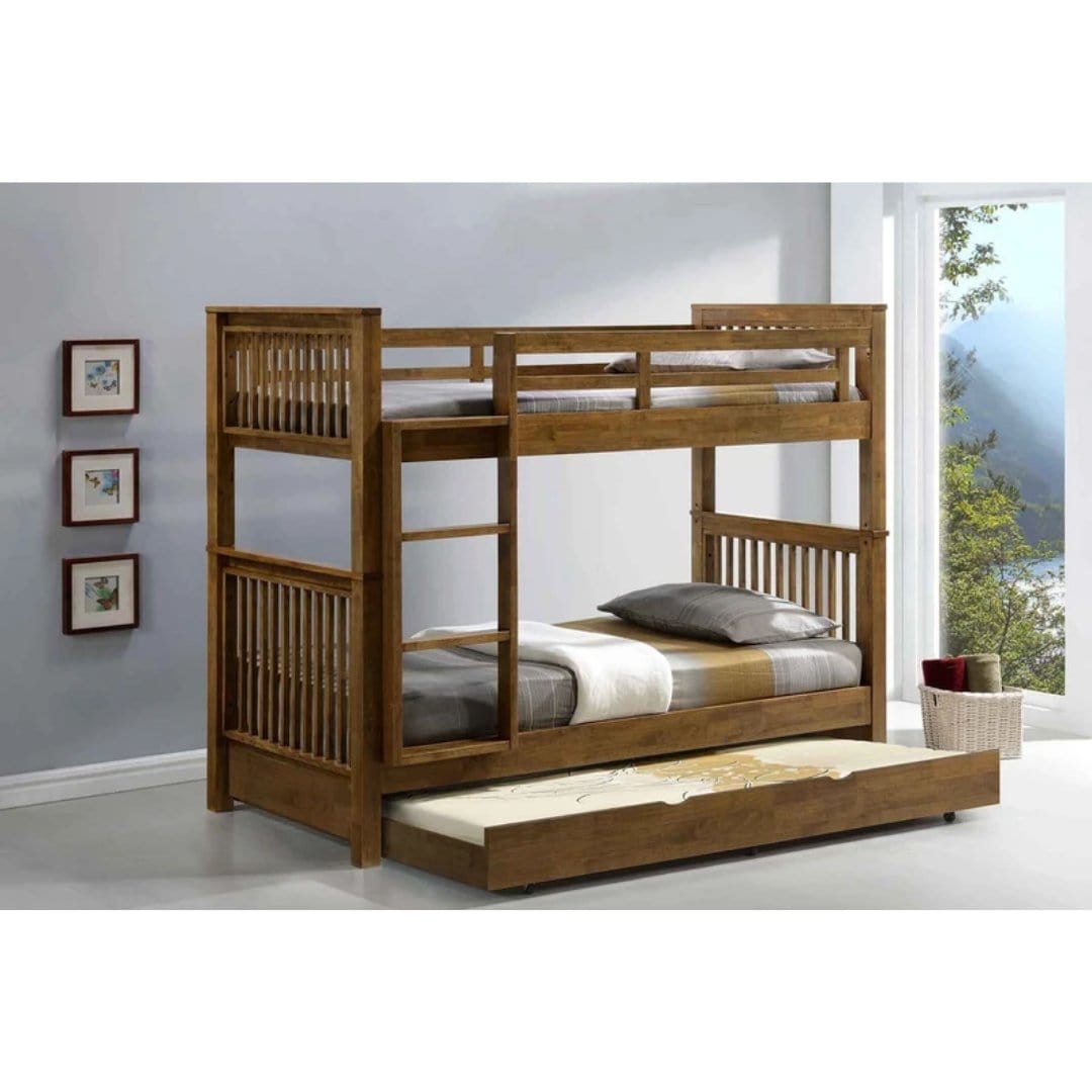 Americana Solid Wood Convertible Double Decker Super Single Bunk Bed with Pullout Storage Trundle picket and rail