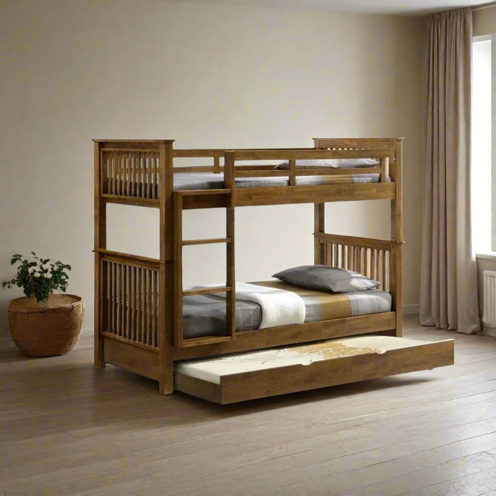 Americana Solid Wood Convertible Double Decker Super Single Bunk Bed with Pullout Storage Trundle picket and rail