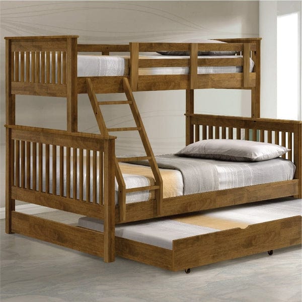 Americana Solid Wood Convertible Double Decker Triple Bunk Bed With Pullout Storage Trundle picket and rail