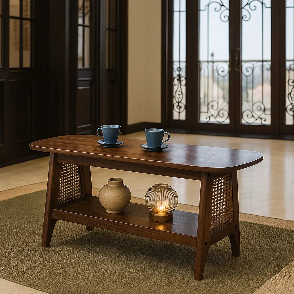 Calamus Solid Wood Coffee Table in Rattan Weave picket and rail