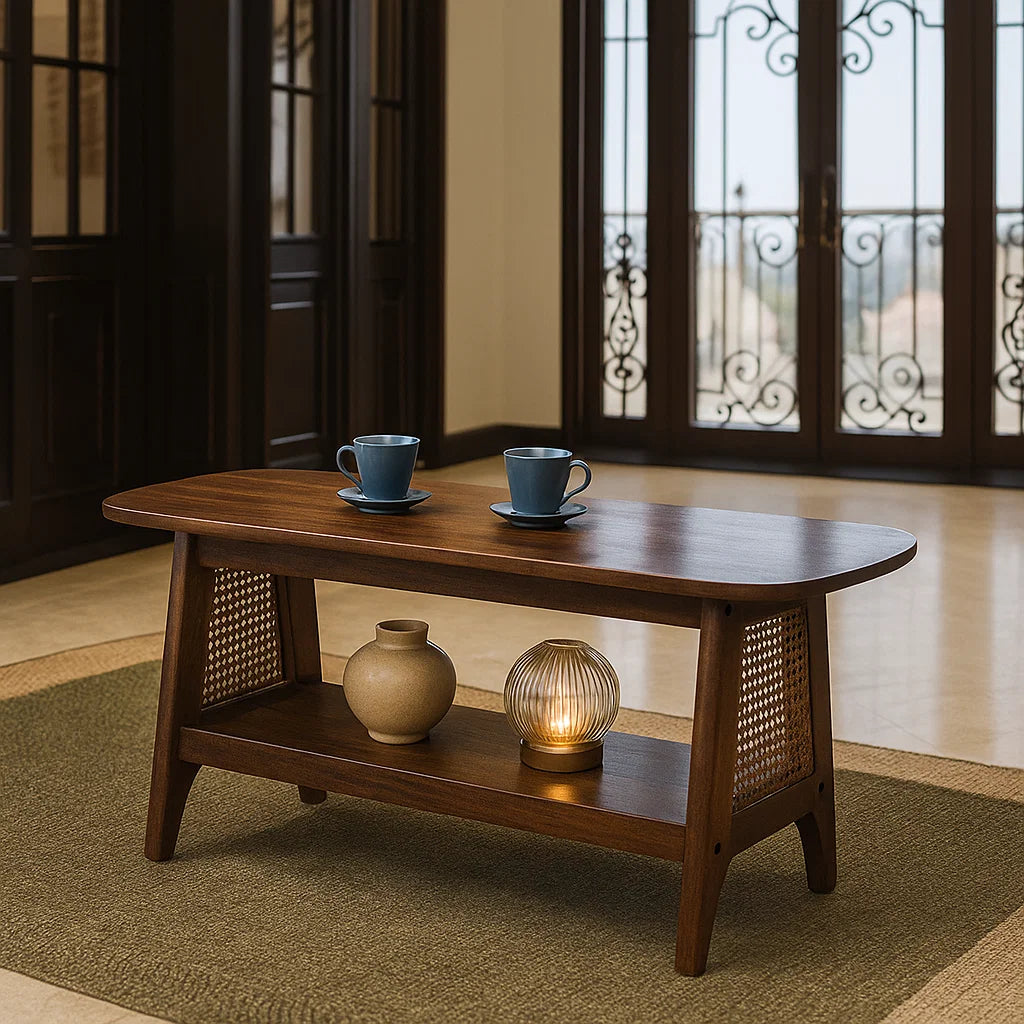 Calamus Solid Wood Coffee Table in Rattan Weave picket and rail