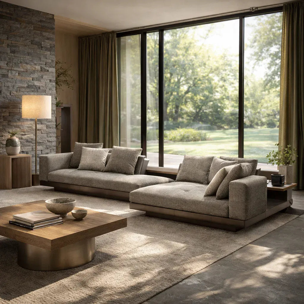 Corvan (SF12015)- Italian Minimalist Custom Sofa Bespoke in Leather & Fabric picket and rail
