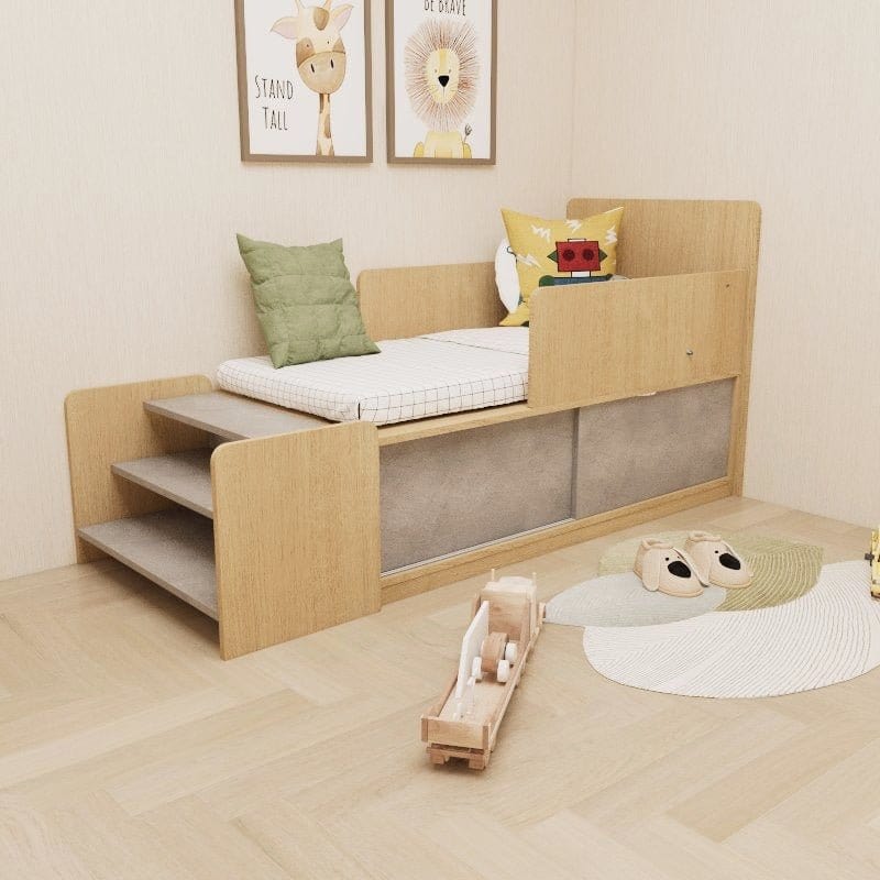 Custom Kids & Toddler Tatami Sliding Door Storage Bed with Steps picket and rail