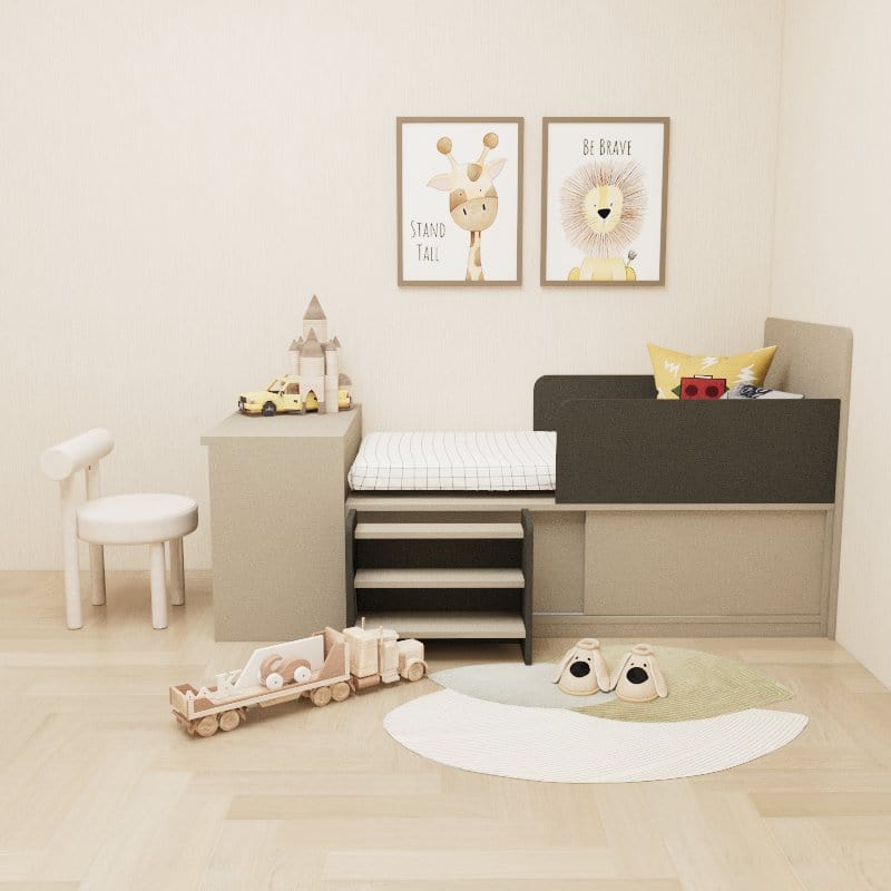 Custom Kids & Toddler Tatami Sliding Door Storage Bed with Table & Steps picket and rail