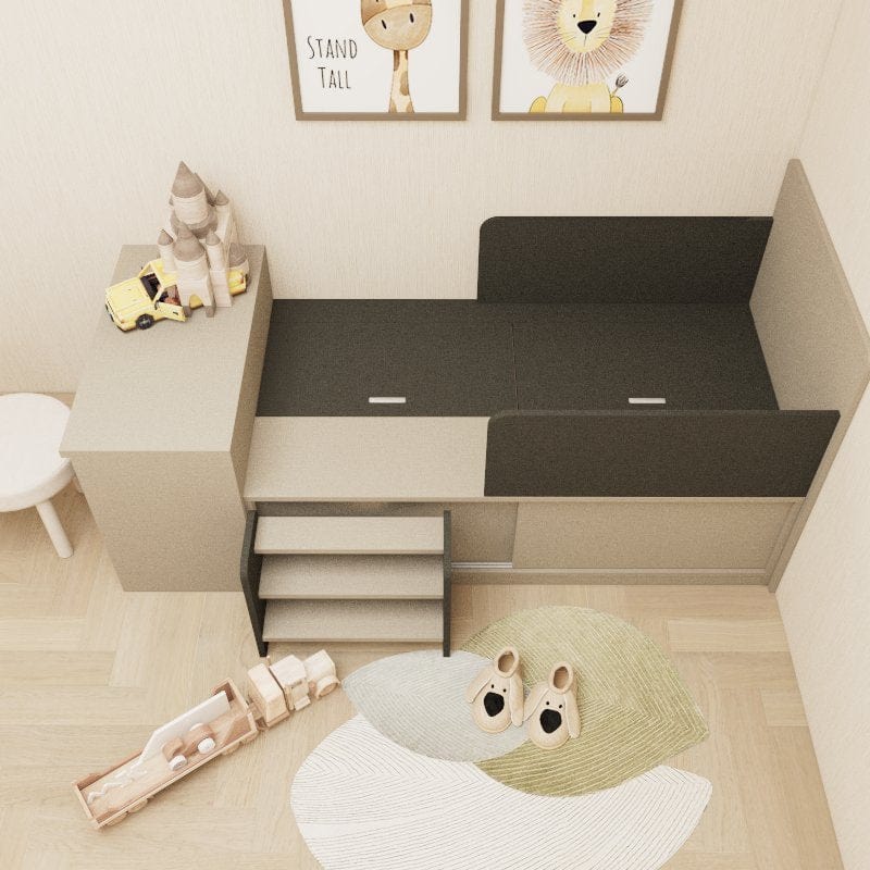 Custom Kids &amp; Toddler Tatami Sliding Door Storage Bed with Table &amp; Steps picket and rail