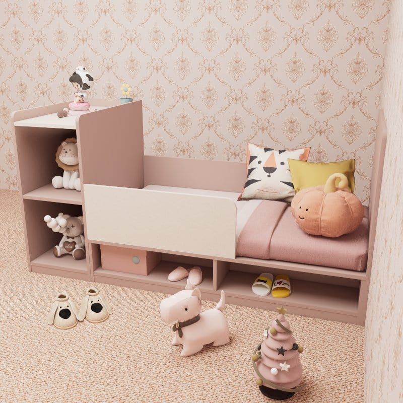 Custom Kids & Toddler Tatami Storage Bed with Companion Cabinet picket and rail
