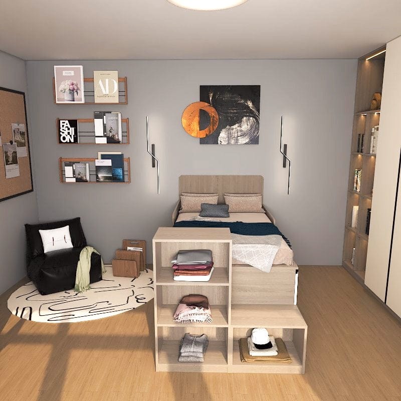 Custom Tatami High Platform Single/Super Single Size Captain Bed with 16 Built-in Soft-close Drawers picket and rail