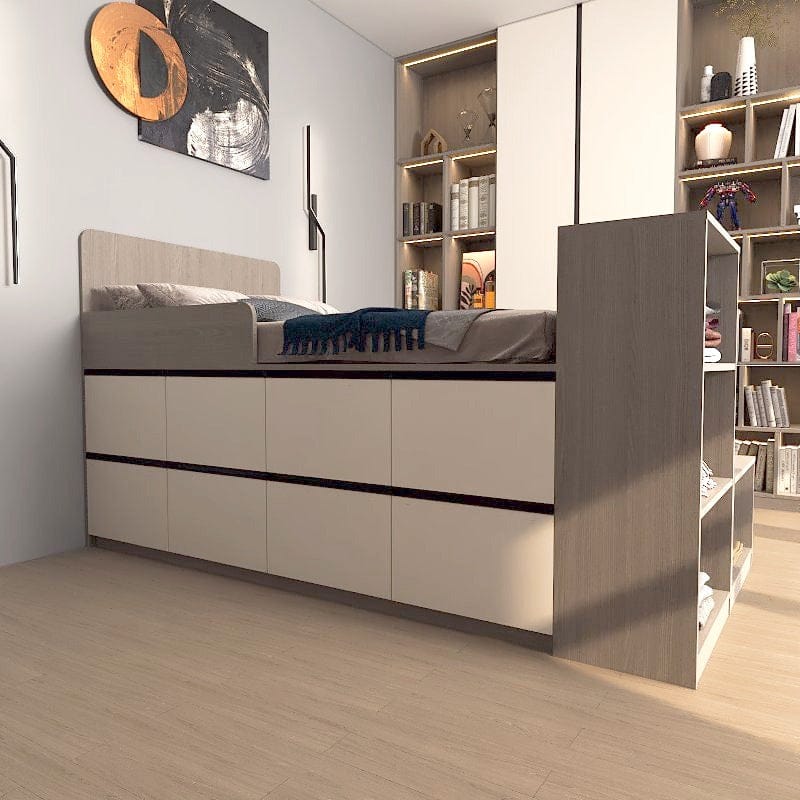 Custom Tatami High Platform Single/Super Single Size Captain Bed with 16 Built-in Soft-close Drawers picket and rail