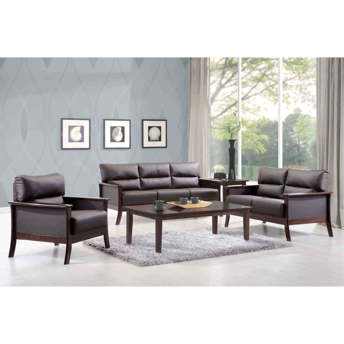 Davis 3+1+1+CT Solid Wood Frame Leather-Upholstered Living Sofa Set picket and rail